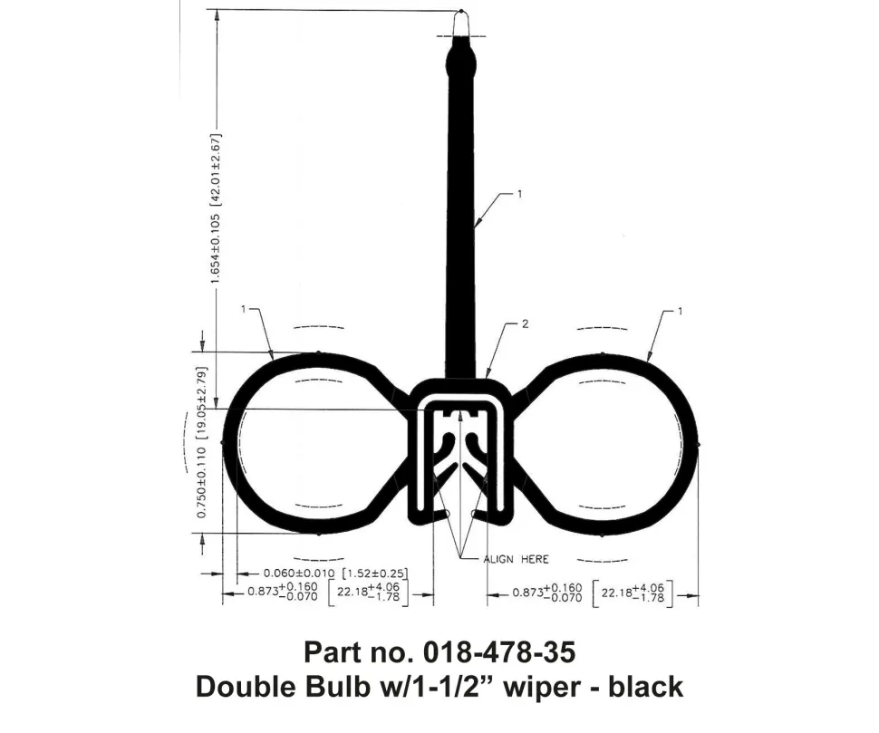 #018-478-35 – Double Bulb, w/1-1/2″ wiper, Slide On clip, 2″ x 2-1/4″ x 35′