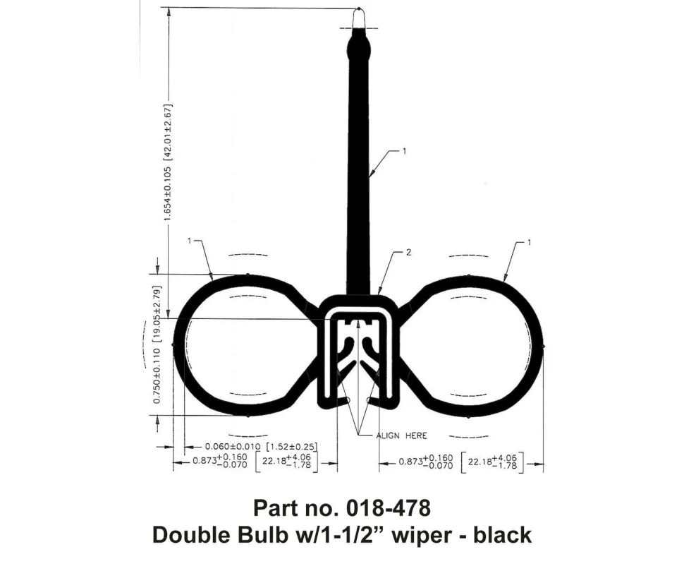 #018-478 – Double Bulb, w/1-1/2″ wiper, Slide on clip, 2″ x 2-1/4″ x 28′